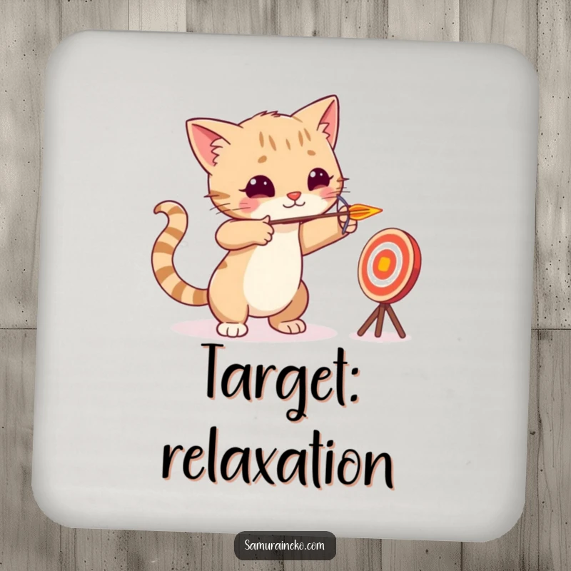 Funny cat archer aiming a tiny arrow at a playful target, featured on coasters to add a touch of focused flair.