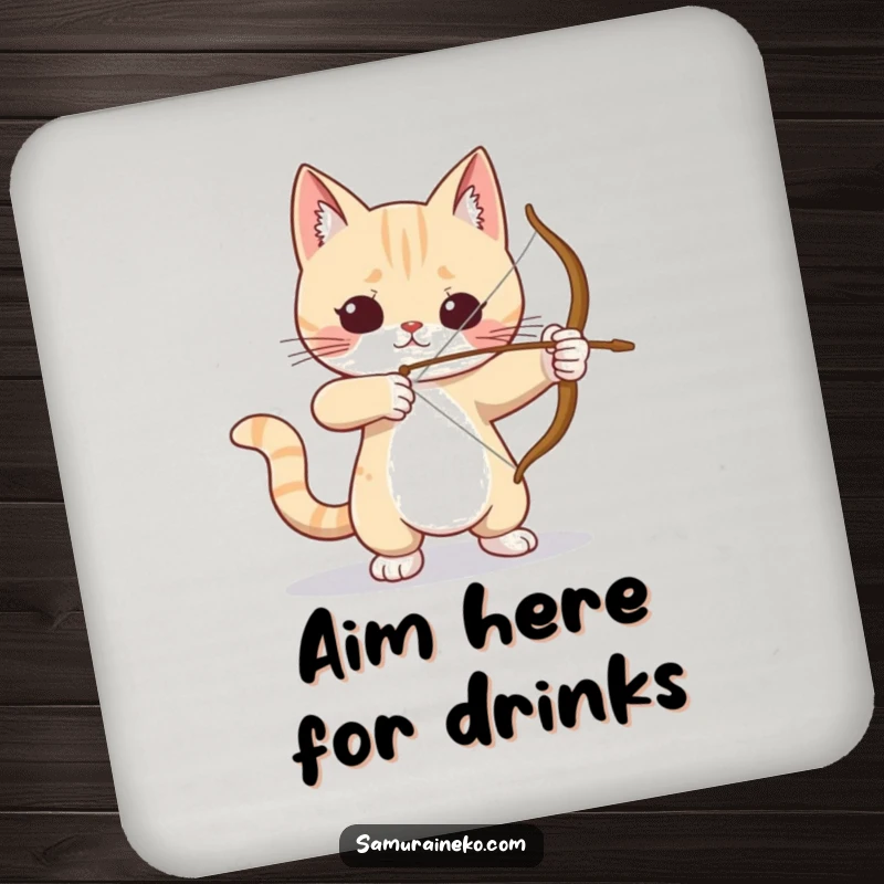 Funny Cat Archer Coasters: A set of coasters featuring a funny cat archer aiming, providing humorous surface protection for drinks.