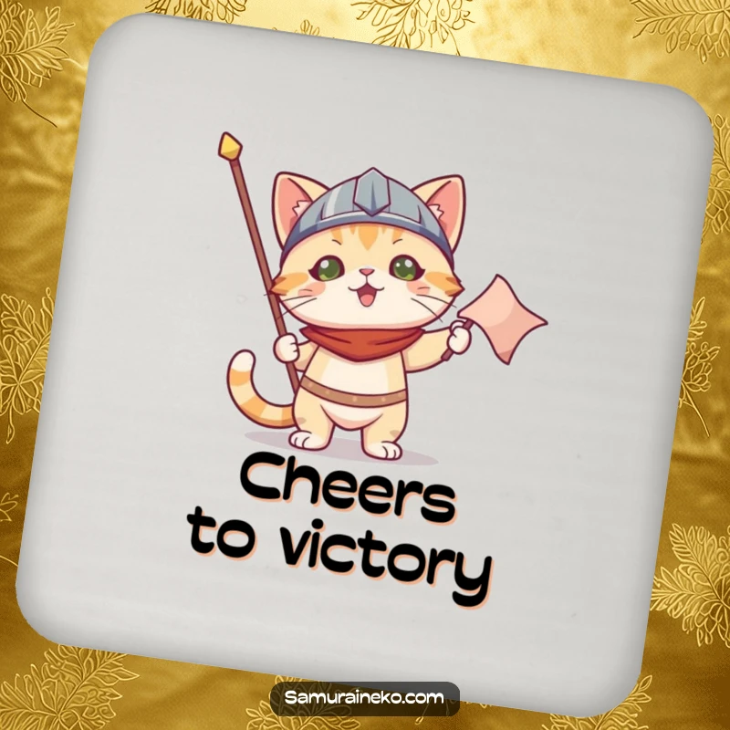 Funny coaster art: a cat wearing a tiny helmet holds a victory banner, protecting surfaces with champion flair.