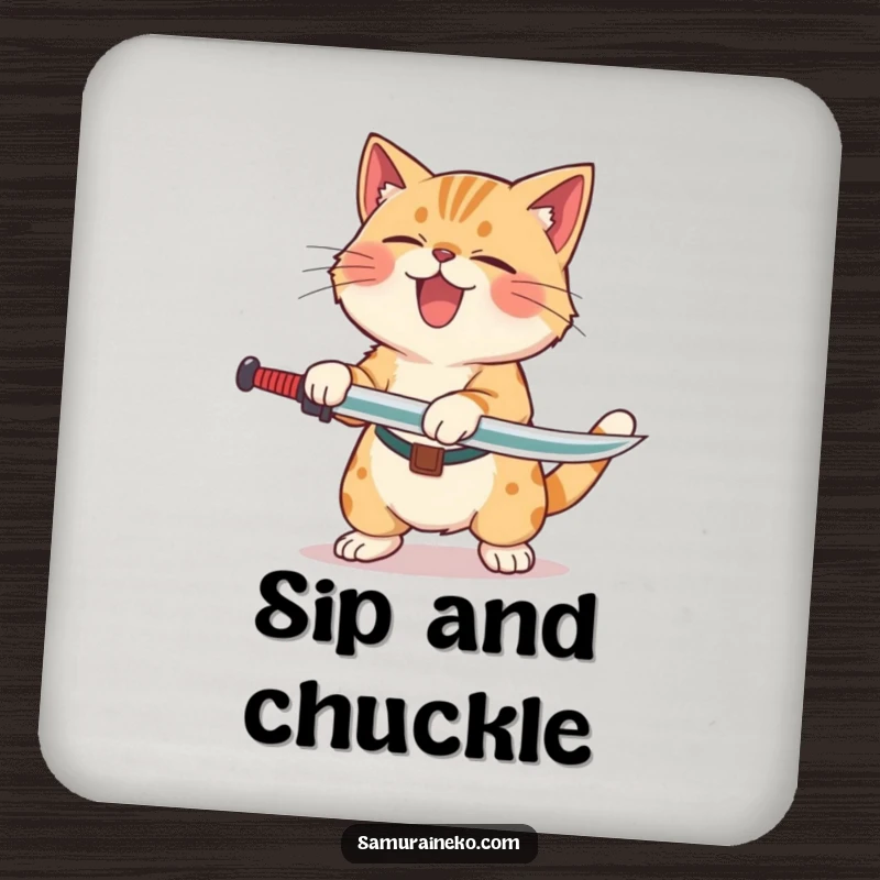 Funny Cat Laughing Sword Coaster featuring a cat rolling with laughter after a clumsy sword swing, protecting surfaces with comic flair.