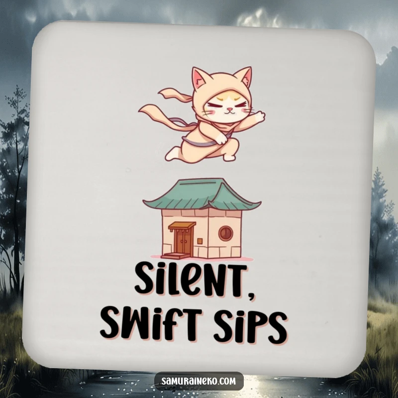 Funny drink coaster with a cat ninja gracefully leaping onto a stylized rooftop, a humorous and protective accessory.