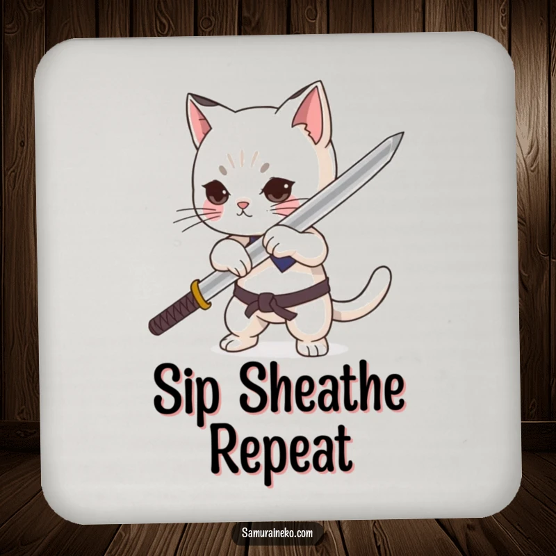 Funny cat character dramatically sheathing a minuscule katana with pride on a drink coaster, protecting surfaces humorously.