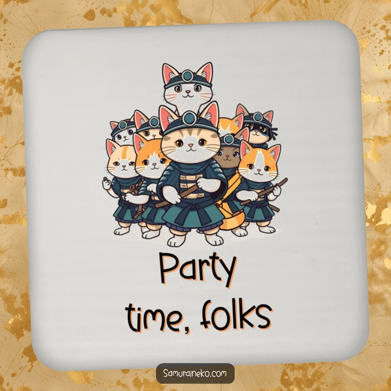 Funny cat samurai drink coaster showing a group of cats in various samurai poses, ready for enjoyable drinks.