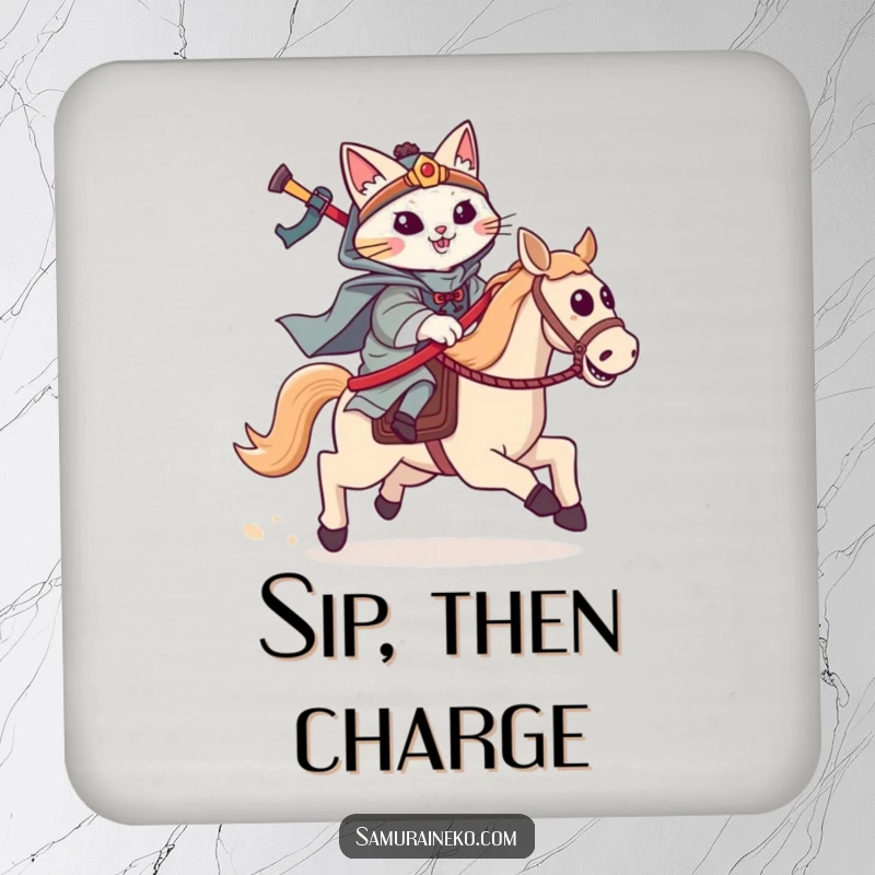 Funny cat samurai drink coaster showing a feline warrior riding a hobby horse, charging forward with gleeful determination.