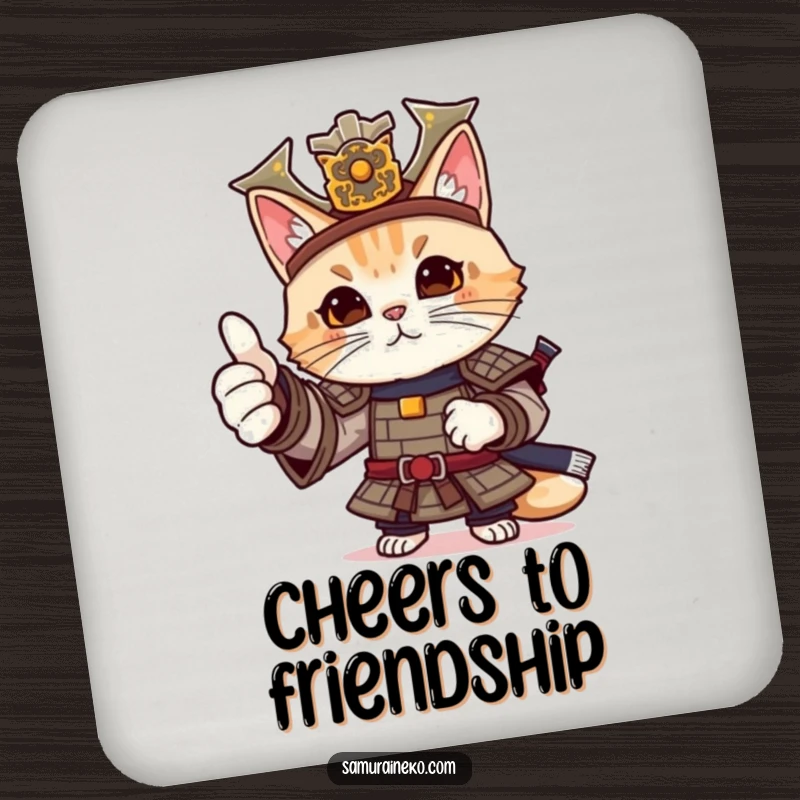 Funny cat samurai drink coaster showing a feline warrior in detailed armor giving a friendly, approving thumbs-up.