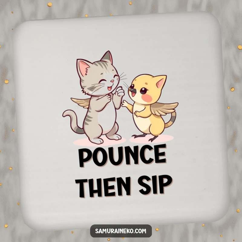 Funny coaster art: a cat playfully sparring with a shy sparrow, protecting surfaces with a humorous animal design.