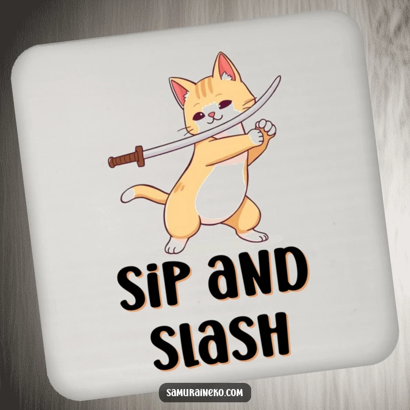 Funny cat warrior coaster featuring a playful sword flourish, adding a humorous touch to drink protection.