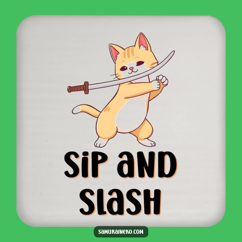 Funny Cat Warrior Coaster: Protect Surfaces with Sword Flourish Style, Gift