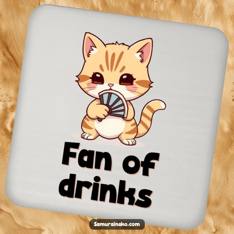 Funny cat warrior coaster featuring a cat with a small battle fan, ready for a whimsical duel, offering protection.