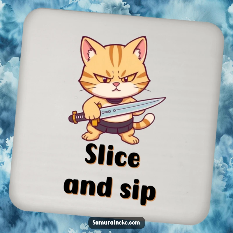 Funny drink coaster featuring a determined cat character sharpening a tiny sword, offering both protection and humor.