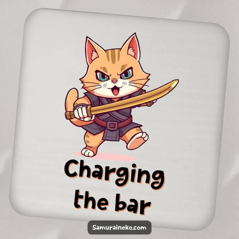 Funny determined cat warrior charging forward with a bamboo sword, this drink coaster offers protection with strength.