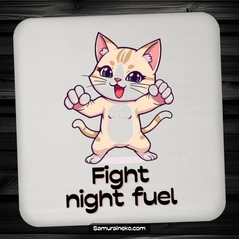 Funny cat coaster depicting a cat character in a dynamic and playful fighting pose.