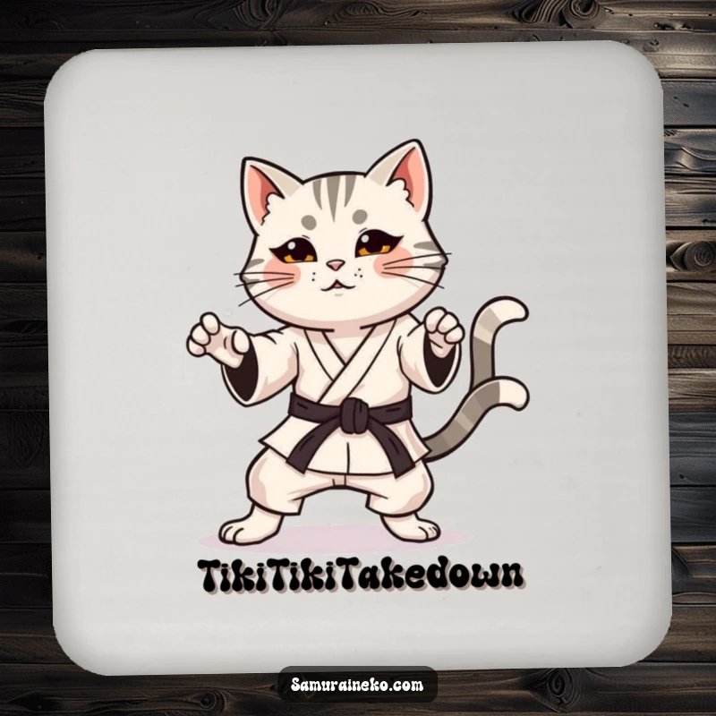 Funny coasters featuring a karate cat in a determined pose with a happy, wagging tail, providing humorous protection.