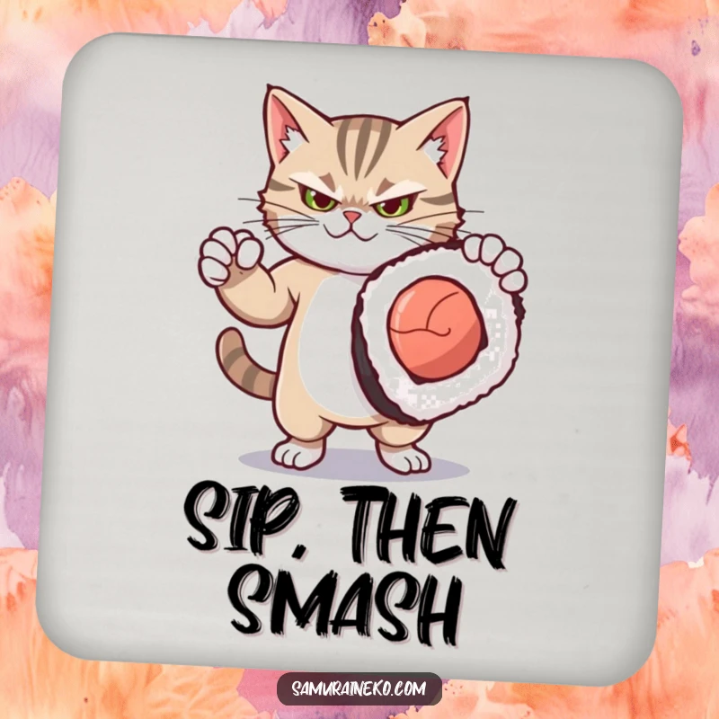 Funny drink coaster with a fierce yet cute kitty striking a dramatic pose with a comically oversized sushi roll, protecting surfaces.
