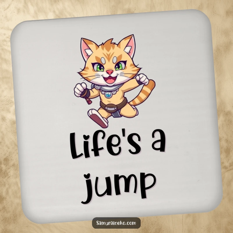 Funny coasters featuring a happy warrior cat mid-leap with a determined expression, providing humorous and dynamic protection.