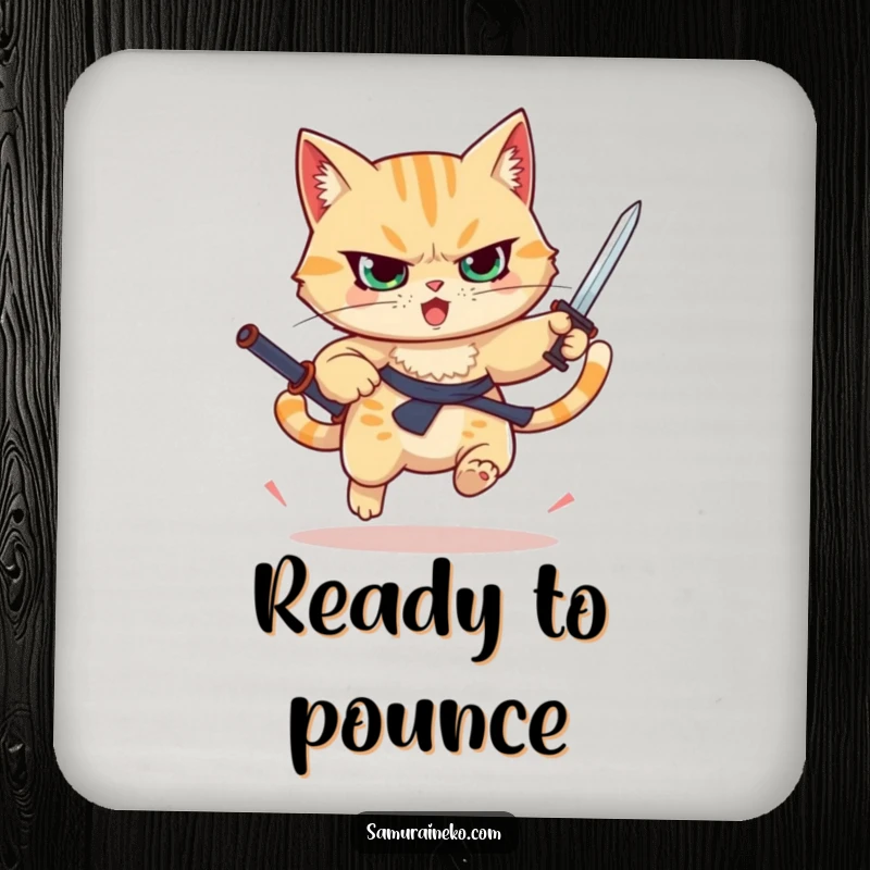 Funny determined cat leaping with a raised sword, absorbent coasters, excellent funny gift for hosts.