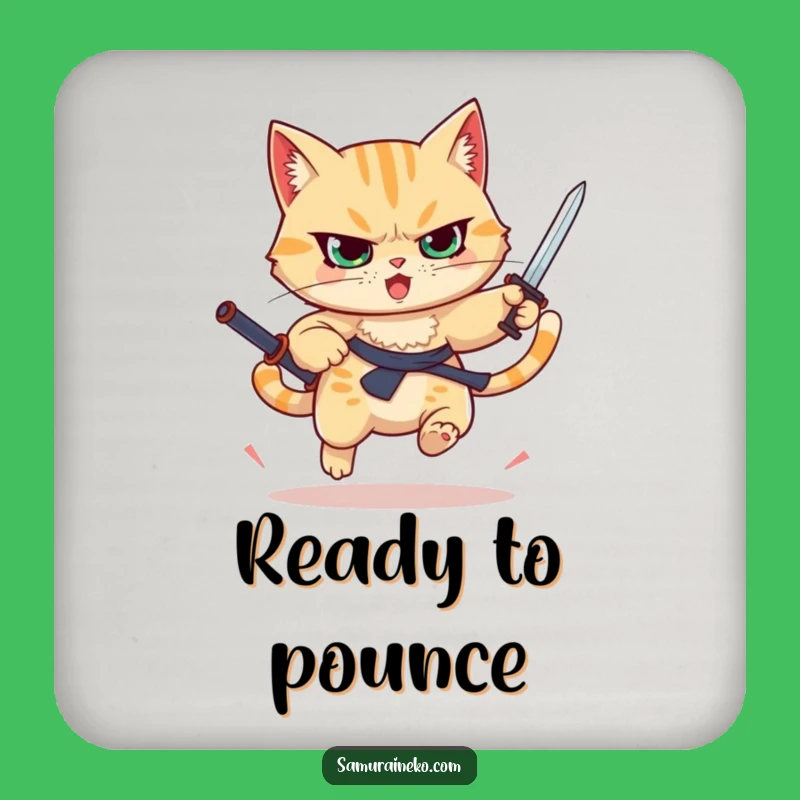 Funny Leaping Cat Coaster Set - Tiny Sword Warrior Protection - Humorous Tabletop Gift