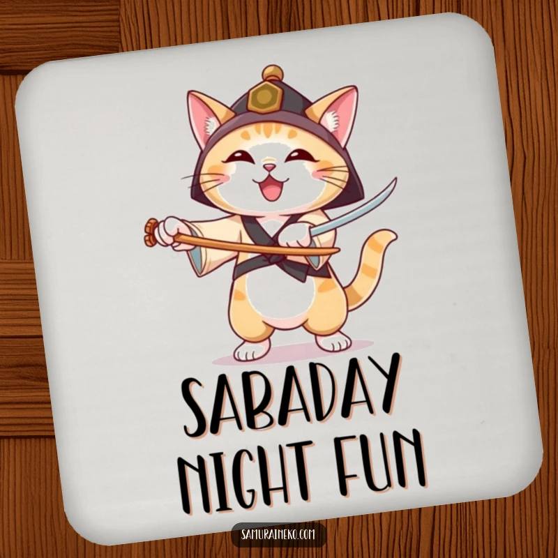 Funny drink coaster with a cat in a ronin hat practicing sword forms, offering protection with joyful focus.