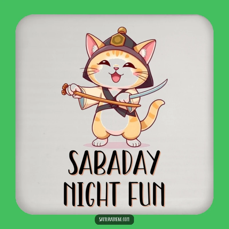 Funny Ronin Cat Coaster: Joyful Swordsman Feline, Drink Protector Gift