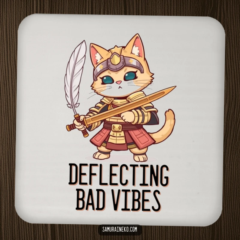 Funny cat in full samurai armor parrying a feather with a wooden sword, on a drink coaster.