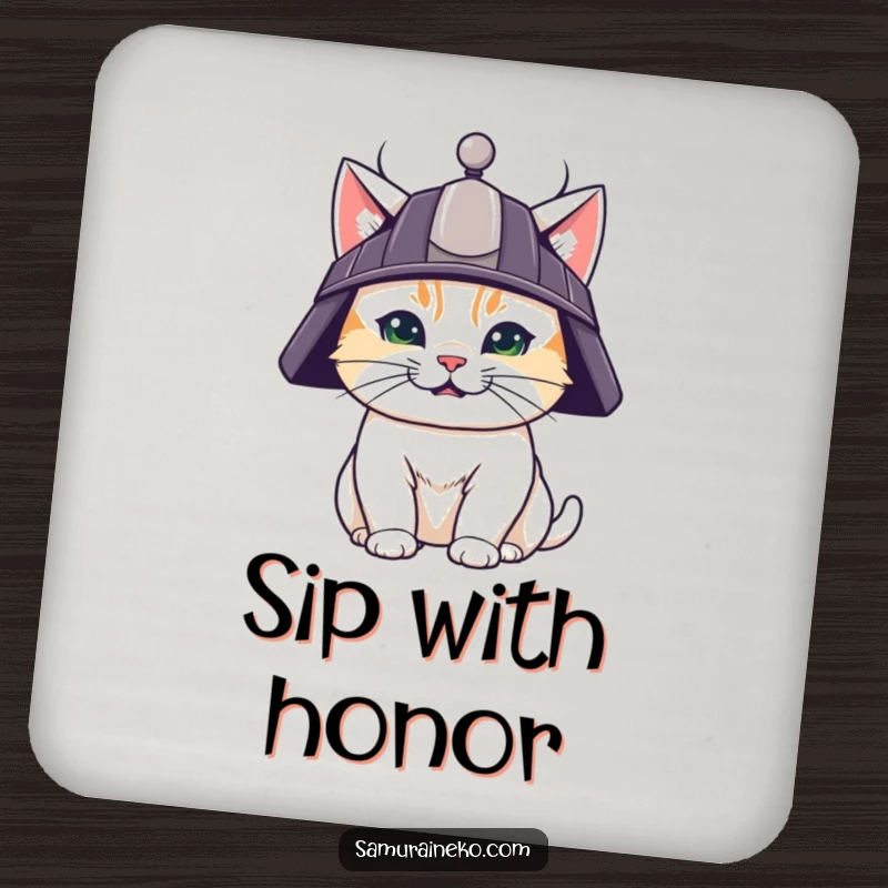Funny drink coaster featuring a determined cat in a samurai helmet, offering table protection with a humorous warrior flair.