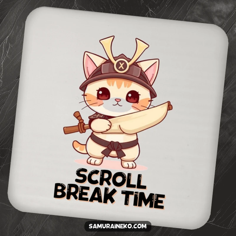 Funny cat in samurai helmet with scroll, absorbent coasters, excellent funny gift for hosts.