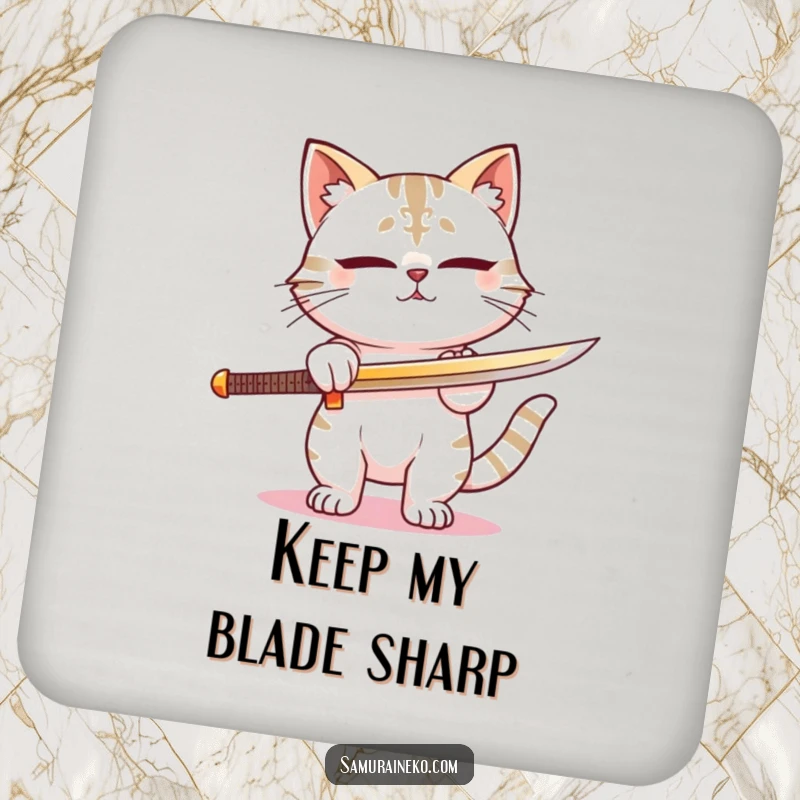 Funny drink coaster featuring a cat samurai sharpening its sword with intense focus. A small but hilarious funny gift.
