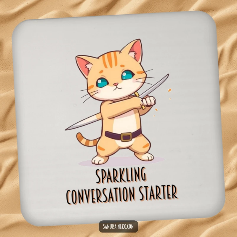 Funny cat practicing sword swing, sparks flying, absorbent coasters, excellent funny gift for hosts.