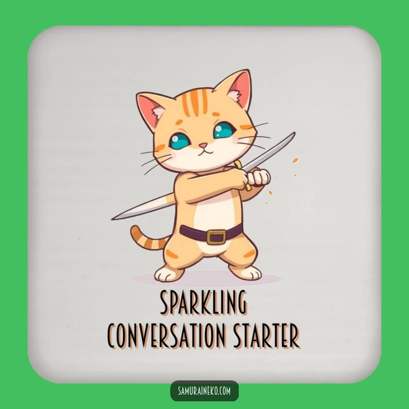Funny Sword Swing Cat Coaster Set - Fiery Blade Warrior Protection - Humorous Tabletop Gift