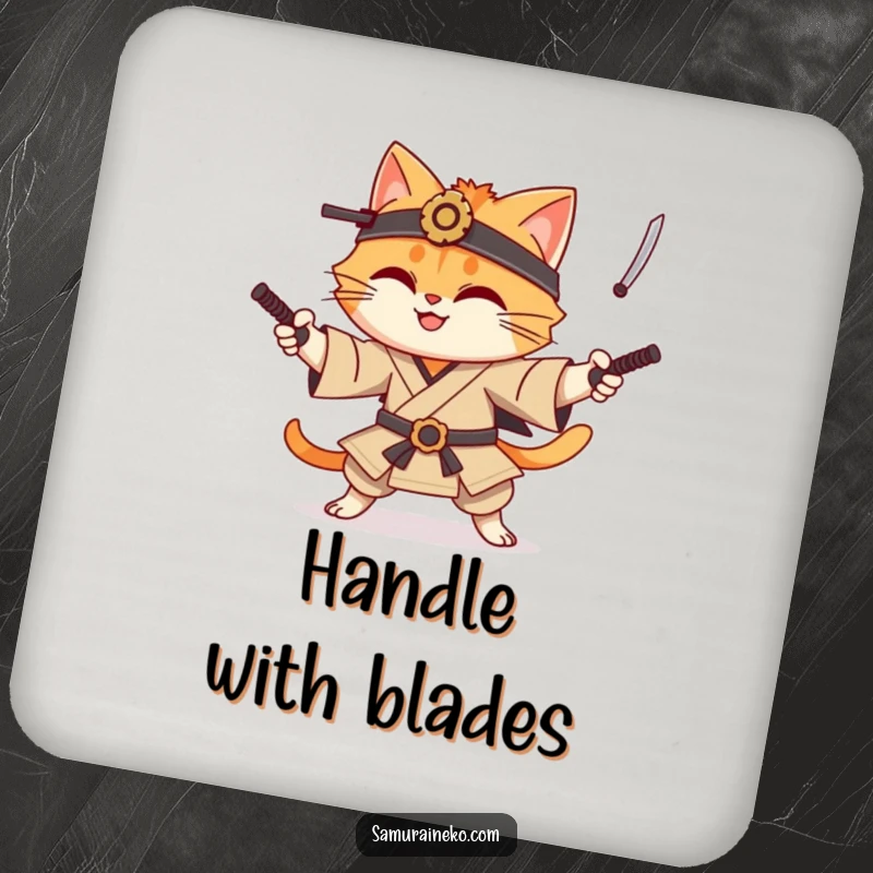 Funny cat samurai drink coaster with a smiling cat character juggling tiny katanas, designed to protect furniture with a touch of warrior humor.