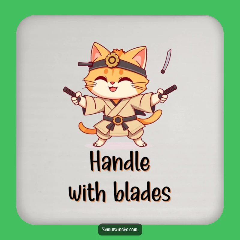 Funny Cat Samurai Drink Coaster: Juggling Feline Protector's Hilarious Gift