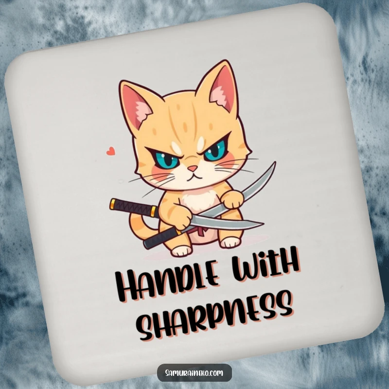 Funny drink coaster with a determined cat drawing a small katana, adding humor and surface protection with sharp precision.