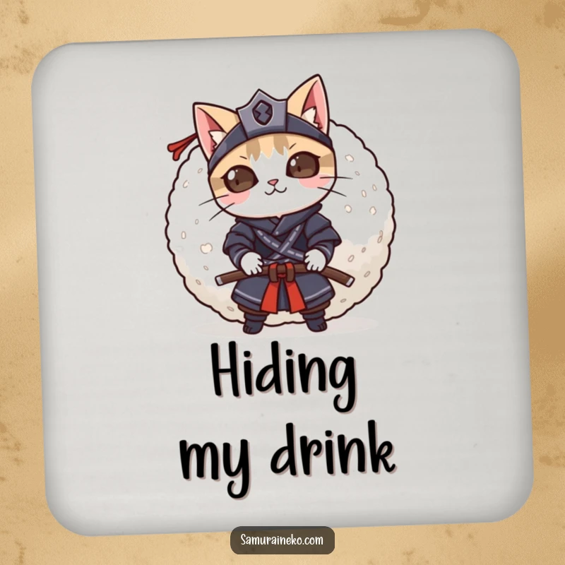 Funny mischievous cat samurai peeking from behind a giant rice ball, this drink coaster adds playful protection.