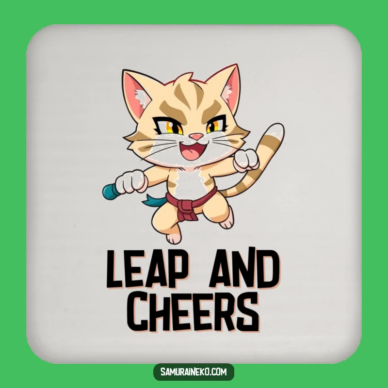 Funny Leaping Feline Warrior Coaster: Protect Surfaces with Hilarious Action Flair