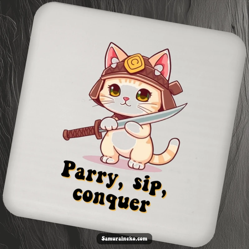 Funny cute cat in a tiny samurai helmet unsheathing a playful sword, on a drink coaster.