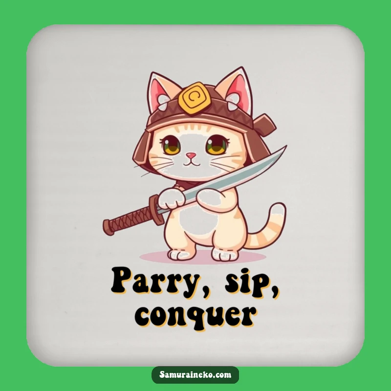 Funny Samurai Cat Helmet Drink Coaster - Hilarious Protection with Warrior Flair