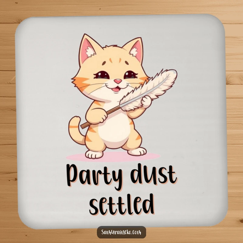 Funny drink coaster featuring a cat playfully sparring with a feather duster, adding a touch of funny charm to surfaces.