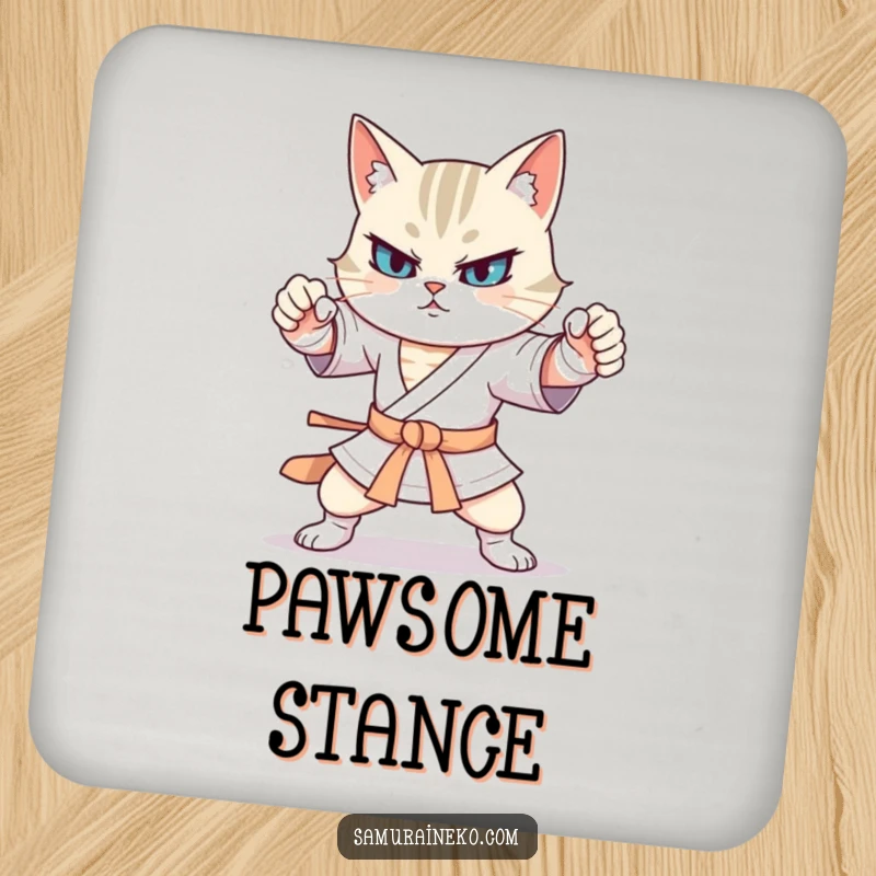 Funny cat warrior coaster featuring exaggerated martial arts stances, providing humorous protection for surfaces.