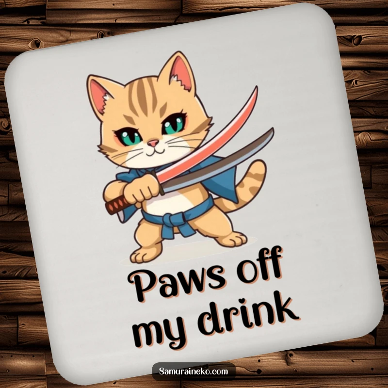 Funny Cat Katana Coaster: A small but mighty cat warrior with a tiny sword, guarding drinks with a humorous presence.