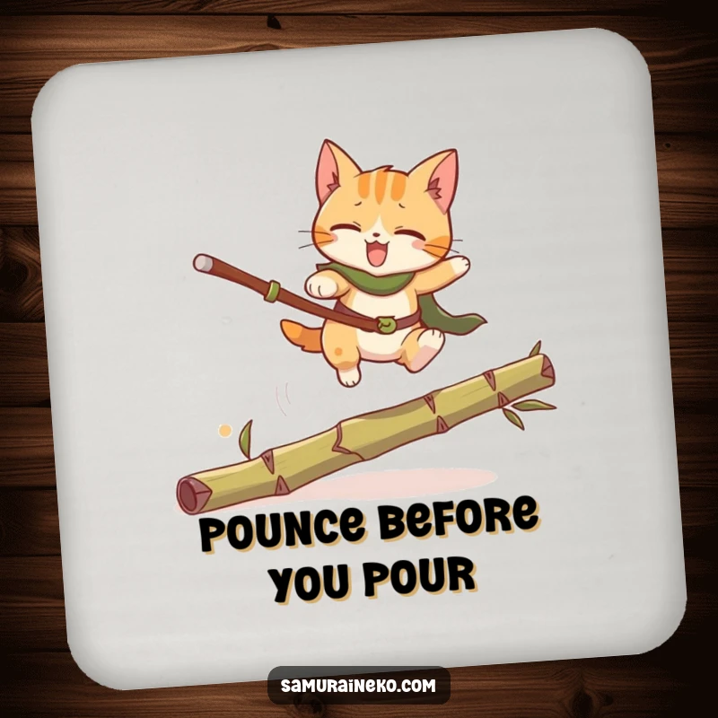 Funny Cat Warrior Coasters: A set of coasters featuring a funny cat warrior leaping over bamboo, adding humorous protection to tables.