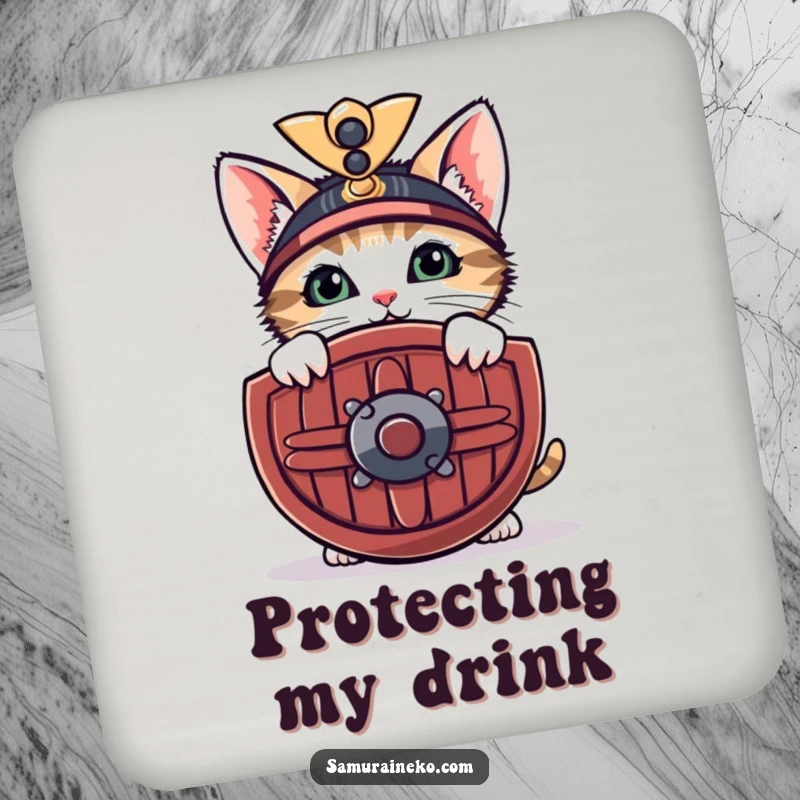 Funny drink coaster with a curious kitten peeking from behind a miniature samurai shield with a shy smile, protecting surfaces.