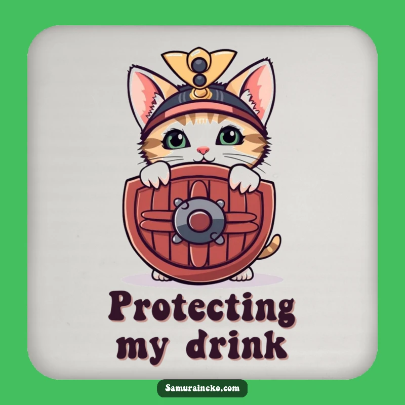 Funny Shy Samurai Kitten Coaster: Feline Shield to Protect Your Surfaces