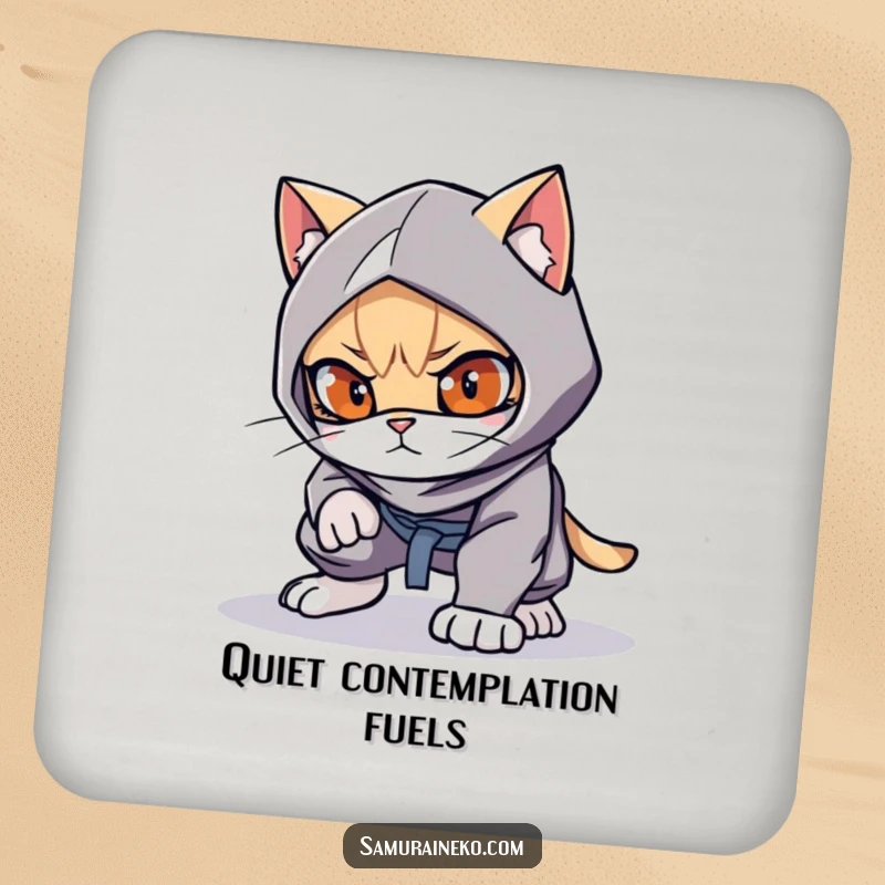 Funny cat ninja design on drink coasters, crouched low, ready to pounce, a handy funny gift.