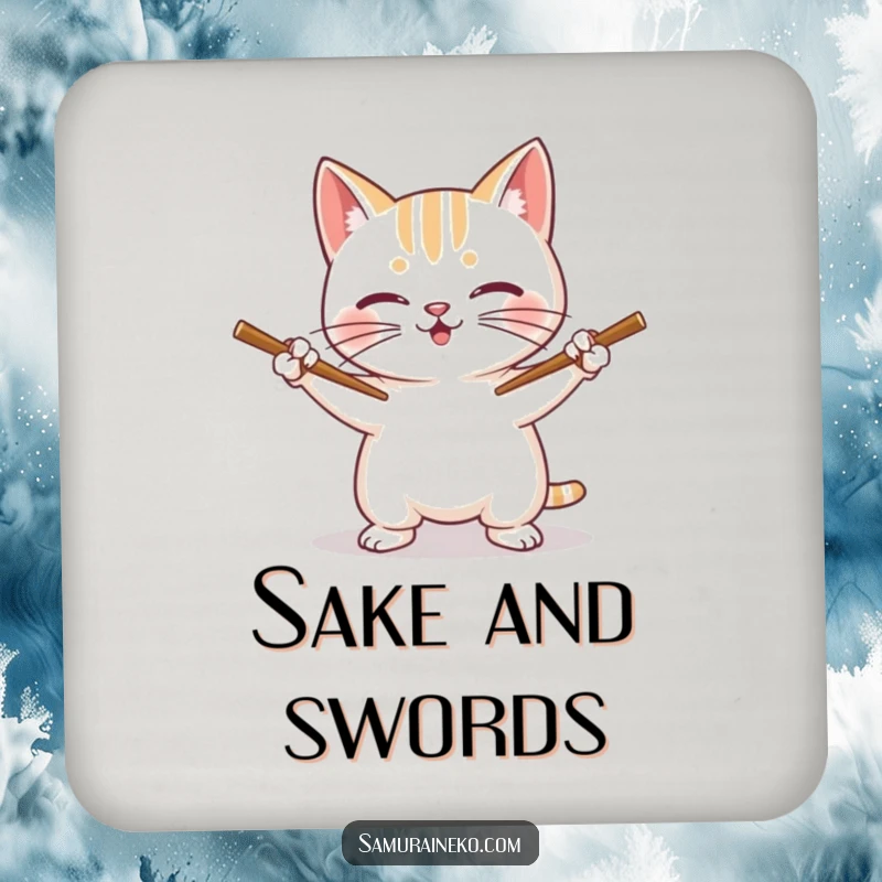 Funny Cat Coaster: A cat grins with chopsticks as swords, a humorous accessory for drinks.