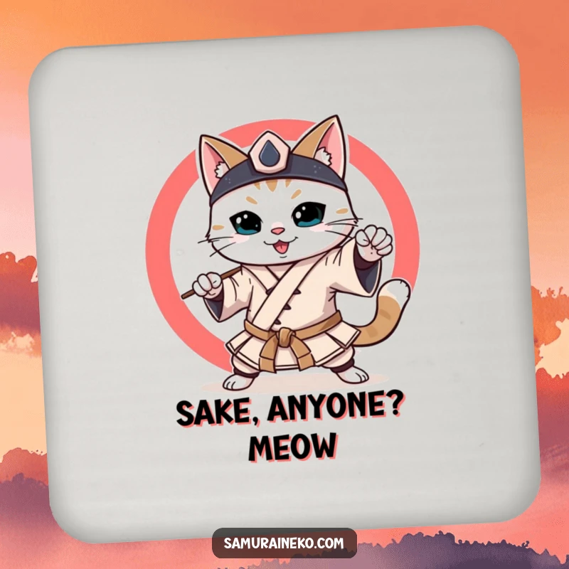 Funny Samurai Cat Coaster: A smiling cat in samurai attire, gracefully protecting surfaces from drink rings with humorous discipline.
