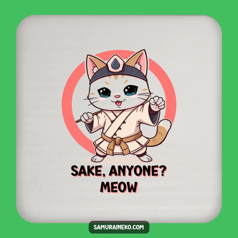 Funny Samurai Cat Coaster: Smiling Martial Artist Drink Perfect Gift