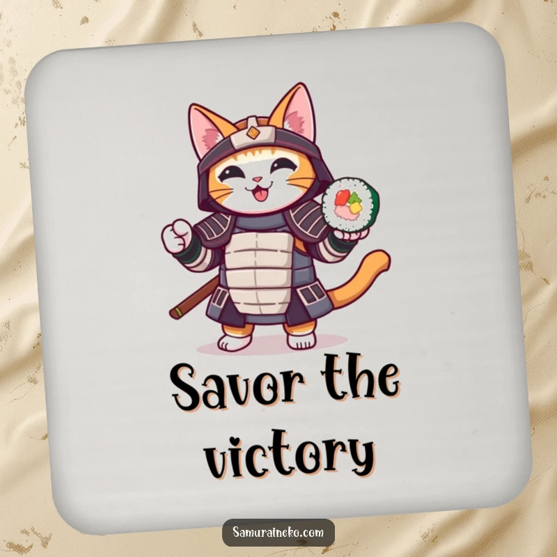 Funny coasters featuring a samurai cat cheerfully holding a sushi roll, providing humorous and stylish protection for tables.
