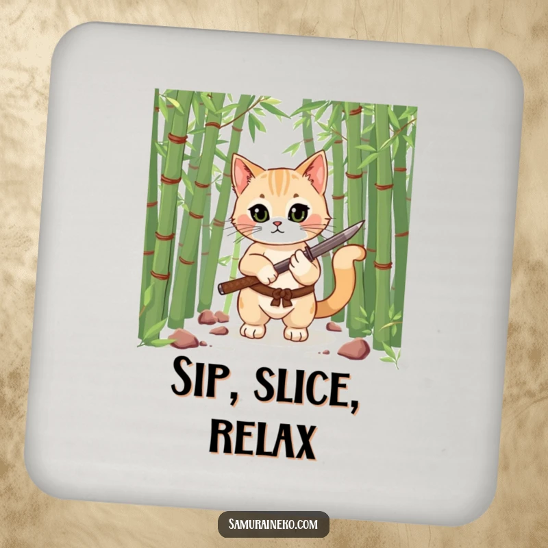 Funny drink coaster with a cat warrior in a bamboo forest, holding a miniature katana, preventing rings with humorous flair.