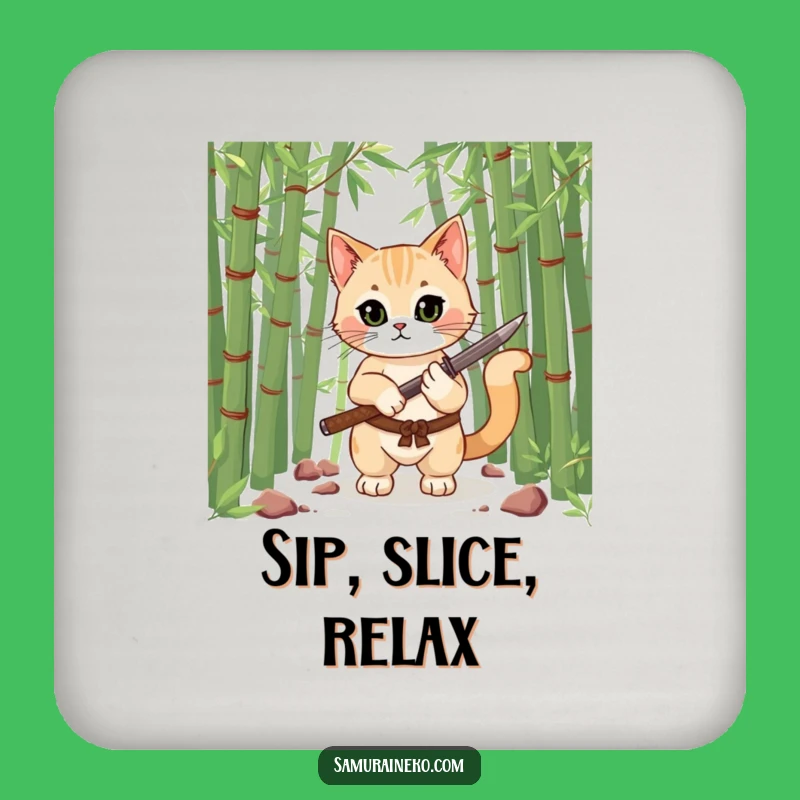 Funny Samurai Cat Coaster: Chic Feline Warrior with Katana, Protective Funny Gift Set!
