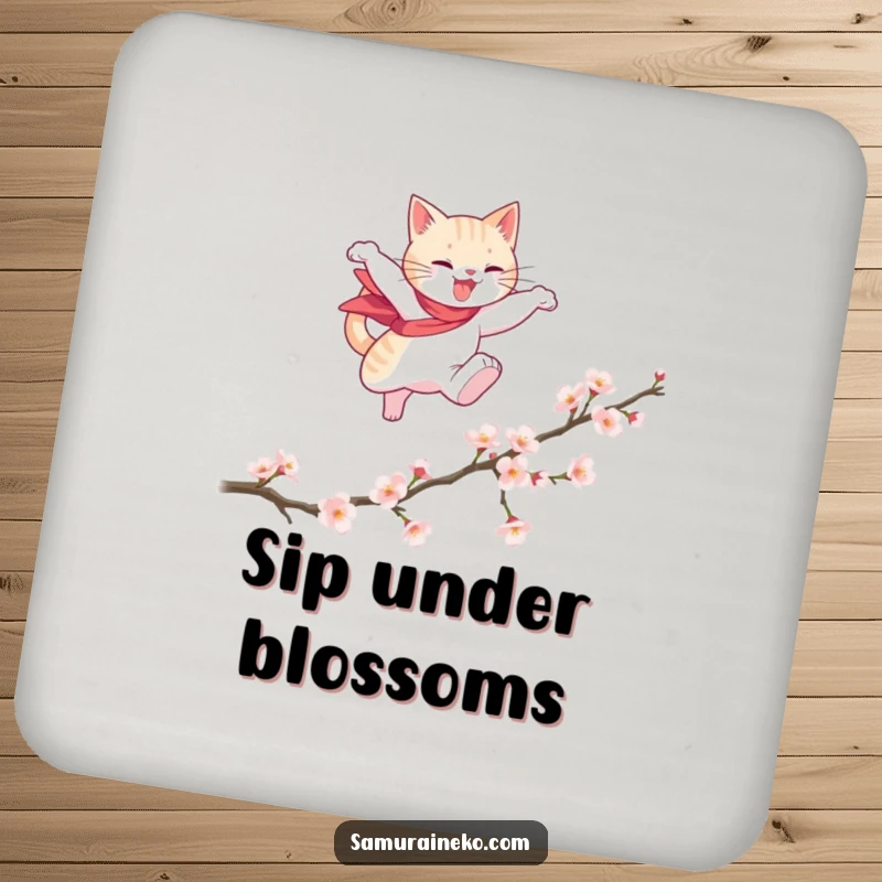 Funny drink coaster featuring a cat hero gracefully leaping over a fallen cherry blossom branch, adding elegant and funny protection.